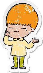 distressed sticker of a cartoon smug boy