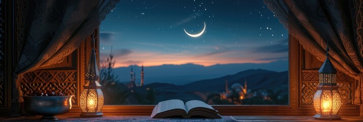 Ramadan themed setting with Quran and lantern