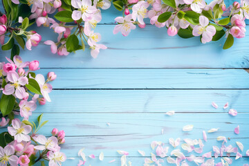 Pink cherry tree flowers blooming in spring, easter time blooms on painted blue wood. Floral banner background,  graphic resource for copy space text by Vita - obrazy, fototapety, plakaty