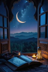 Ramadan themed setting with Quran and lantern