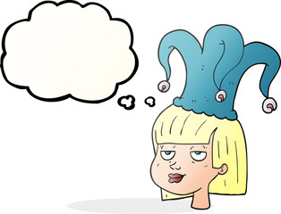 thought bubble cartoon woman wearing jester hat