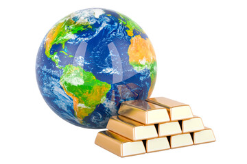 Gold ingots with Earth Globe, 3D rendering isolated on transparent background