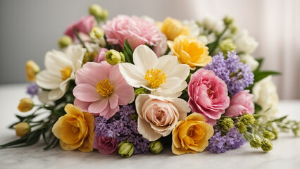 Obraz na płótnie Canvas a bouquet of spring flowers on a white background. Pastel color. Wedding mockup.