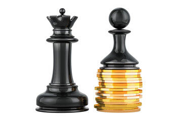 Business Strategy and Leadership, concept. Chess queen and pawn on stack golden coins. 3D rendering isolated on transparent background