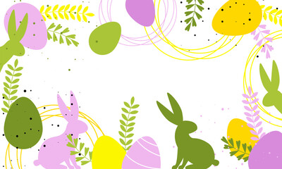 Easter party concept. Easter bunny ears with Easter eggs. Happy Easter background. Vector cute poster for Egg Hunt