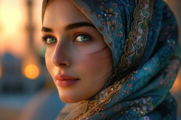 Young woman in a headscarf against the background of a mosque