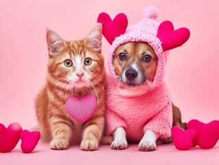 Adorable cat and dog dressed in Valentine's outfits, sharing love.