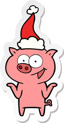 sticker cartoon of a pig with no worries wearing santa hat