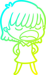 cold gradient line drawing cartoon woman talking loudly