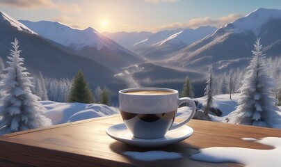 a cup of coffee on a wooden board, against a background of forest and snow-covered mountains. - Powered by Adobe