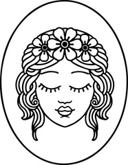 black line tattoo of a maiden with eyes closed