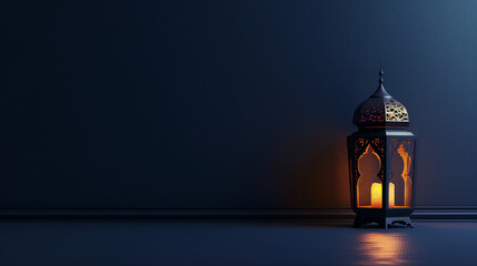 vintage retro-style flat navy blue background illuminated by an elegant Arabesque lantern