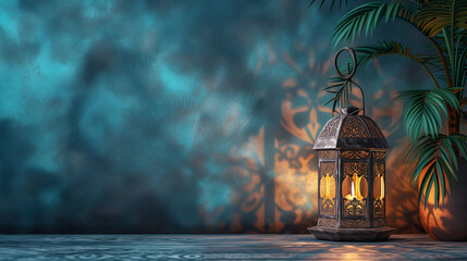 deep navy blue background with a plant is gracefully illuminated by an elegant Arabesque lantern - obrazy, fototapety, plakaty