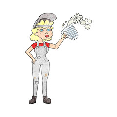 textured cartoon hard working woman with beer