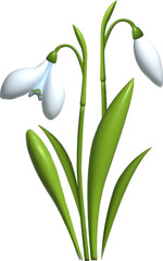  3D Snowdrop flower, first spring flowers in bloom. White flower with green leaves. Mesh Vector illustration