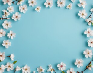 Spring Sakura floral composition. Frame of white daisy flowers on a blue pastel background. For cards, invitations and design. Flat layout, top view, copy space