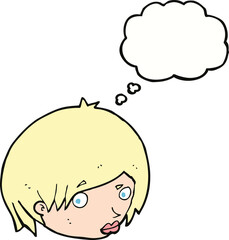 cartoon female face with raised eyebrow with thought bubble