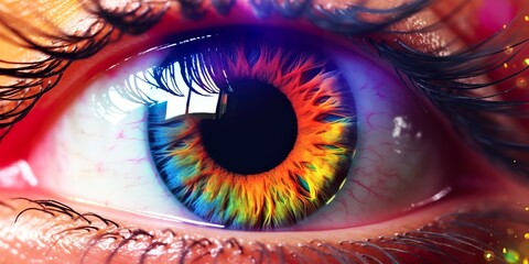 minimalistic design Close up view of female eye with bright multicolored fashion mak
