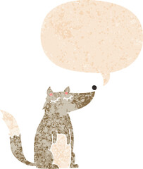 cartoon wolf and speech bubble in retro textured style