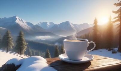 a cup of coffee on a wooden board, against a background of forest and snow-covered mountains.