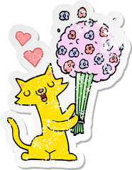 distressed sticker of a cartoon cat in love with flowers