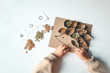 Fototapeta premium Montessori and Sensory Development, A child plays with natural materials and sorts cereals