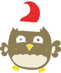 flat color illustration of a cartoon owl wearing christmas hat