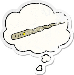 cartoon magic wand and thought bubble as a distressed worn sticker