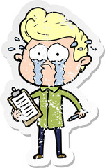 distressed sticker of a cartoon crying man