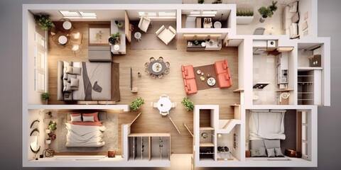 minimalistic design Floor plan of a house top view 3D illustration - obrazy, fototapety, plakaty
