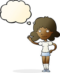 cartoon woman waving with thought bubble