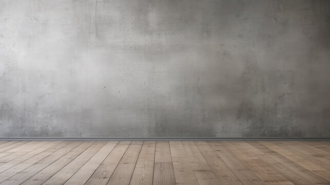 Industrial modern grey concrete wall background with solid wood flooring. Mock up, empty room with copy space for text