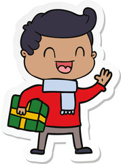 sticker of a cartoon laughing man holding gift