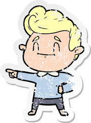Fototapeta premium distressed sticker of a happy cartoon man pointing