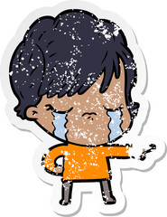 distressed sticker of a cartoon woman crying