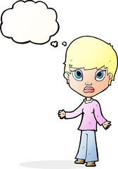 cartoon woman shrugging shoulders with thought bubble