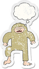 cartoon bigfoot and thought bubble as a distressed worn sticker