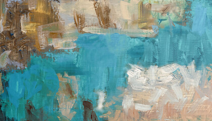 Oil painting on canvas. Artistic texture, paint doubs and smears grungy background, hand painted teal and beige colored pattern with artist's tools; real artwork