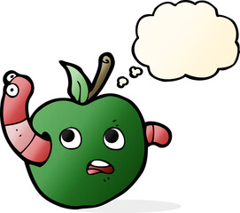 cartoon worm in apple with thought bubble