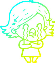 cold gradient line drawing cartoon woman crying