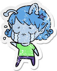 distressed sticker of a cartoon crying alien girl