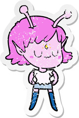distressed sticker of a cartoon alien girl