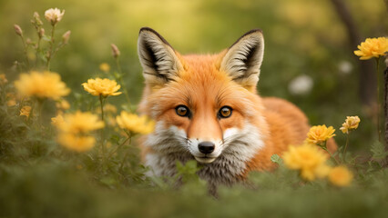 Fox with spring flowers closeup
