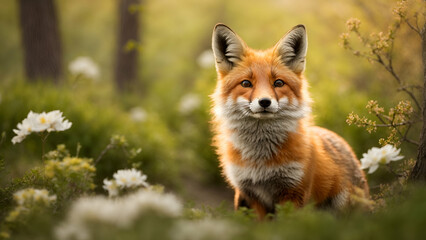 Red fox in the wild, Red fox cub with white flowers