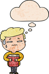 cartoon anxious boy carrying book and thought bubble in grunge texture pattern style