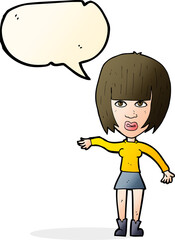 cartoon woman waving away with speech bubble