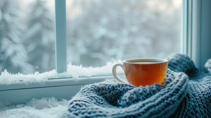 Obraz na płótnie Canvas A cup of hot tea warmed in the knitted scarf is on the windowsill against the winter window