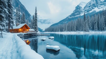 Beautiful view of Emerald Lake with snow covered and wooden lodge glowing in rocky mountains and pine forest on winter at Yoho national park