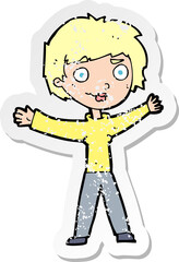 retro distressed sticker of a cartoon woman waving arms