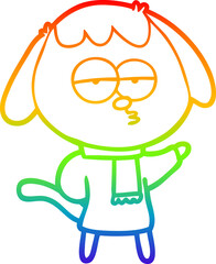 rainbow gradient line drawing cartoon tired dog wearing winter clothes